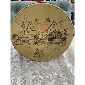 Vintage 1950s Victorian Red Horse Carriage Winter Scene Tin Bright Graphics